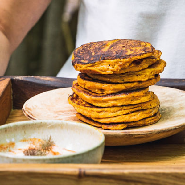 Sweet potato pancakes make a delicious and hearty breakfast or weekend brunch, great for sneaking in a little extra veg into your dishes!