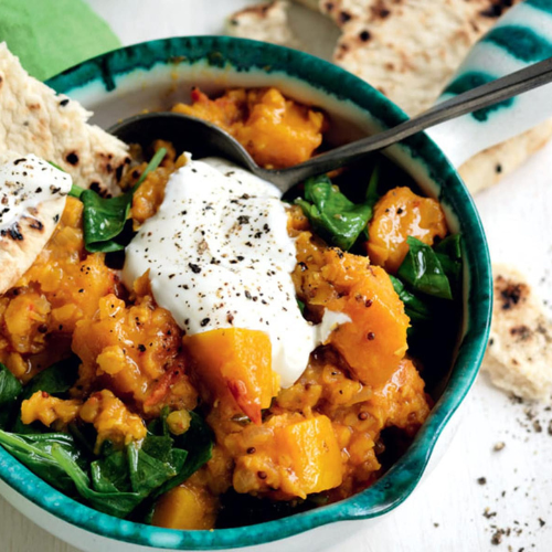 Our Pumpkin, Lentil and Spinach Dahl is an extremely nutritious, tasty curry, rich in antioxidants and vitamins.