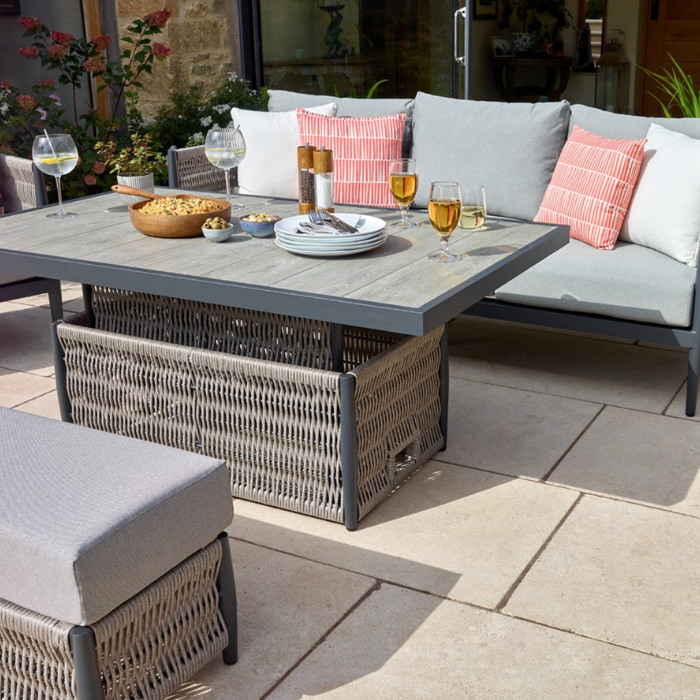 Priory Farm Garden Furniture Mauritius 3 Seater Sofa with Rectangle Dual Height Table, 2 Armchairs & Bench 1